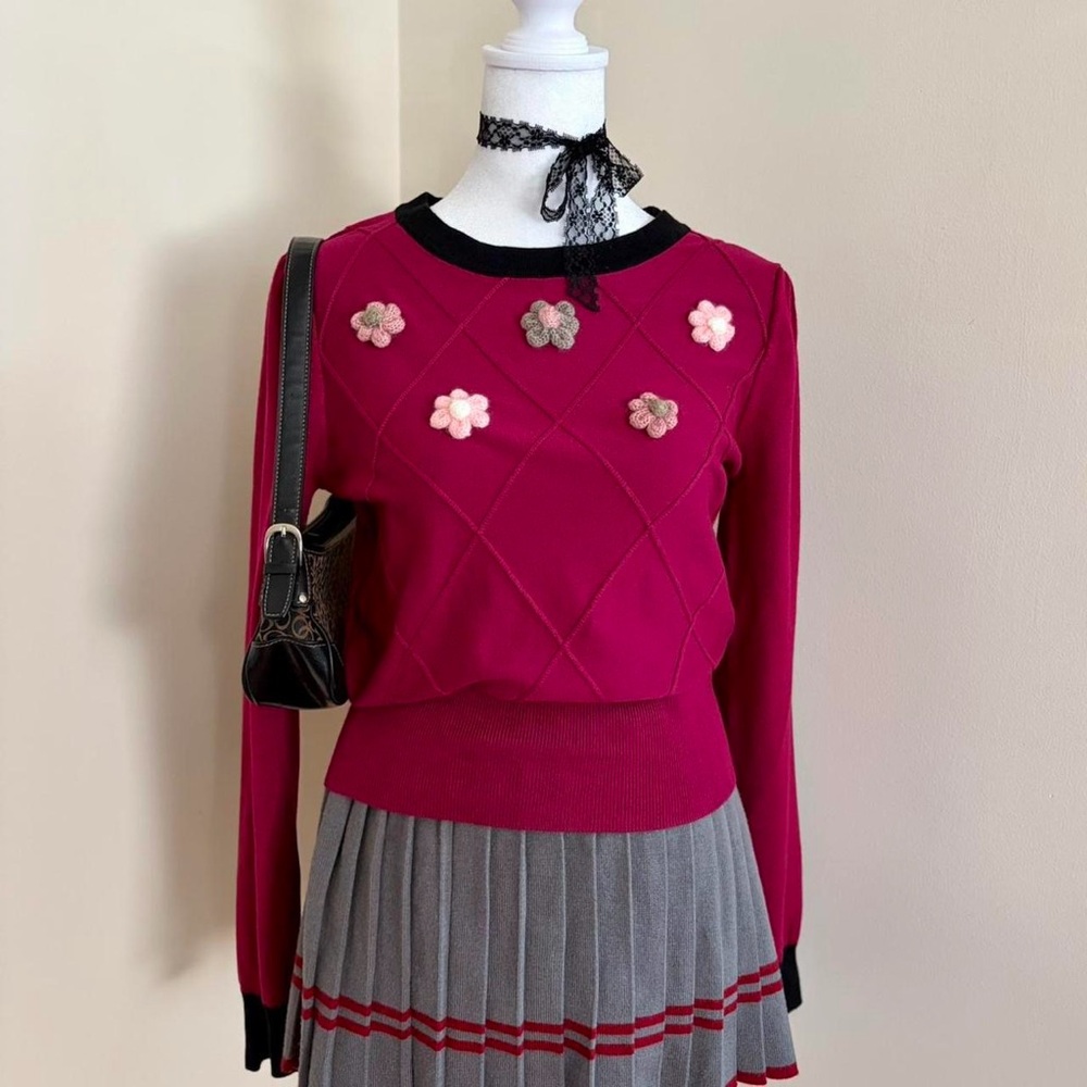 Unique Vintage Retro 40s Twee Lolita Coquette Crochet Knit Floral Pink Sweater M